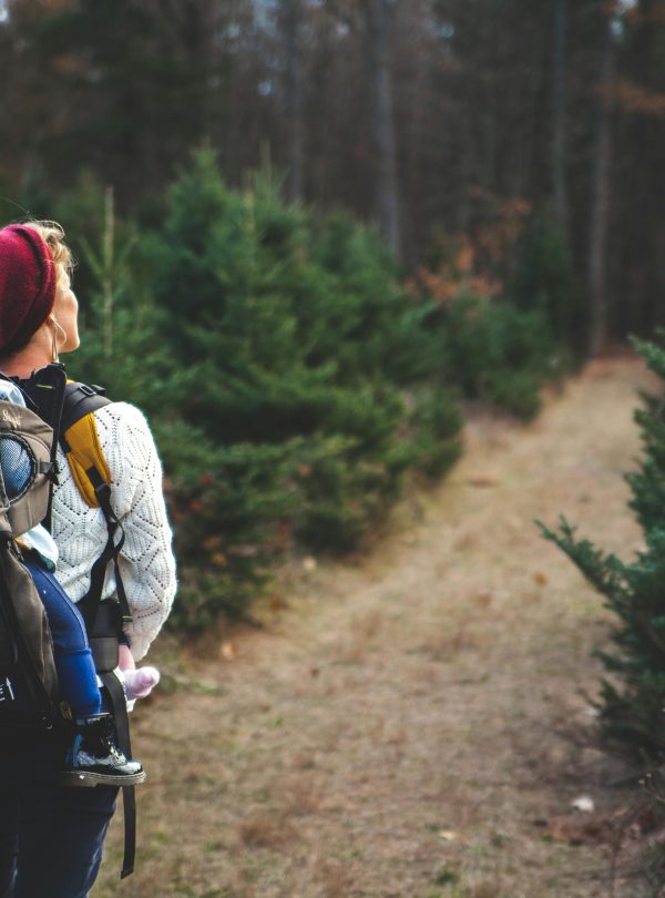 A mother with her child in a carrier backpack hiking through a forest trail on a crisp autumn day.